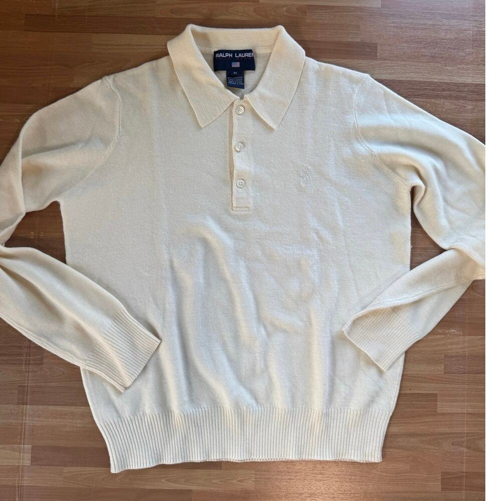 Vintage 90s Polo Sport Ralph Lauren Lambswool  Sweater Cream Men's M